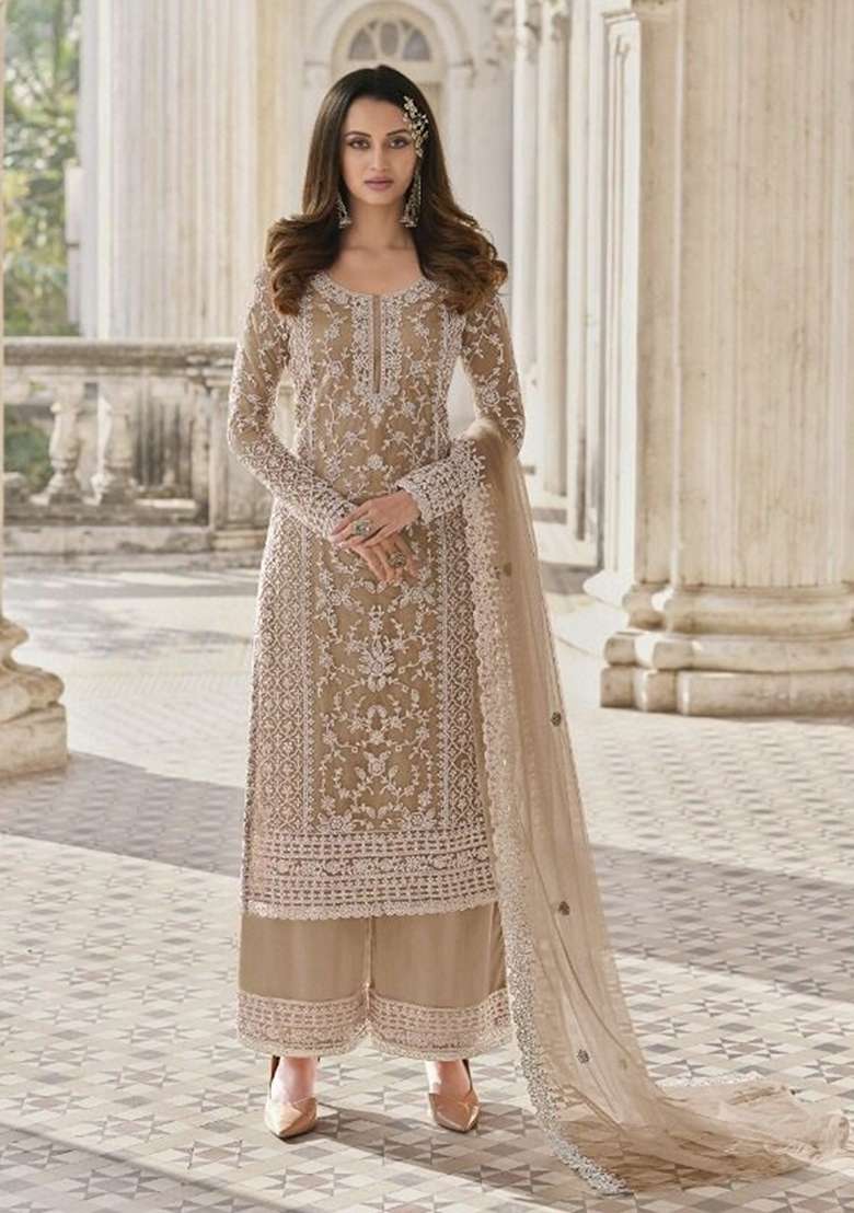 Chiku Brown Embroidered Net Straight Kurta Set - Indya