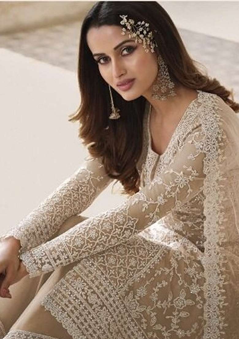 Chiku Brown Embroidered Net Straight Kurta Set - Indya