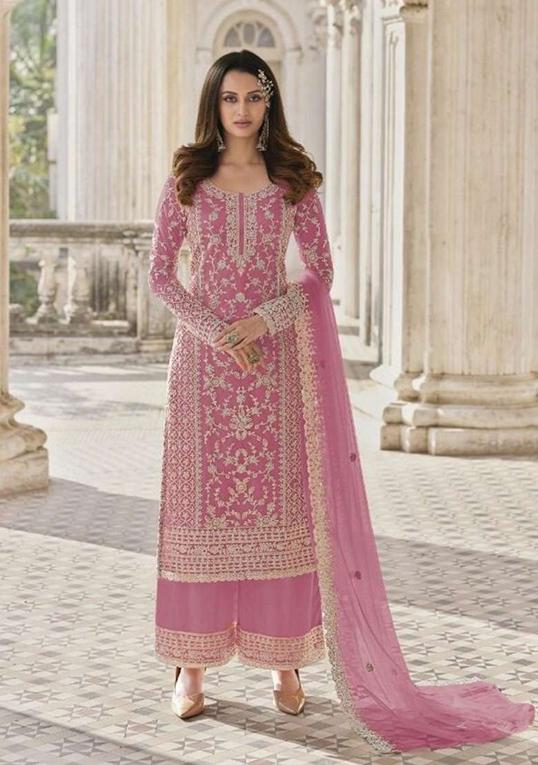 Pink Stone Work Embroidered Net Kurta Set - Indya