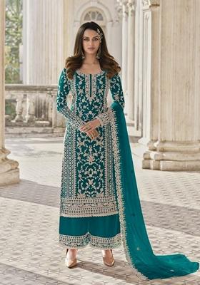 Teal Blue Stone Work Embroidered Net Kurta Set