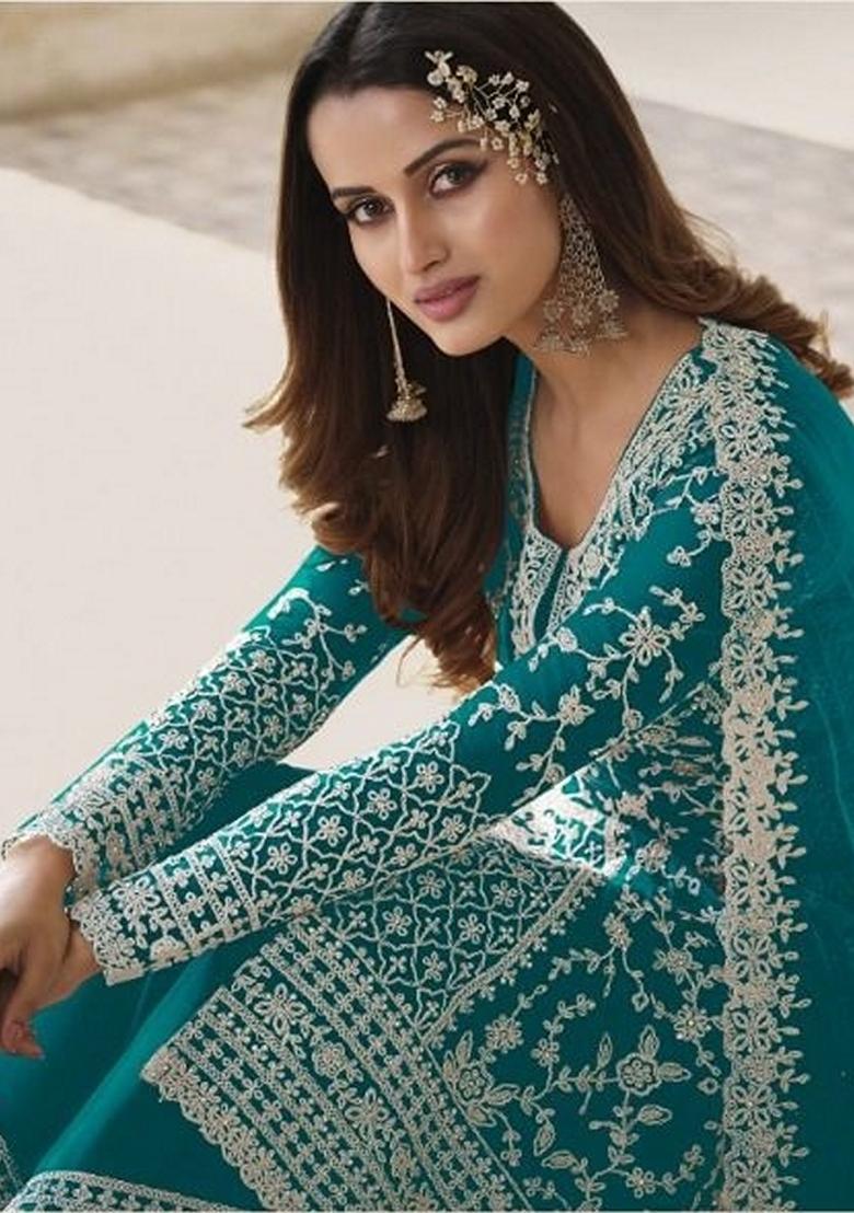 Teal Blue Stone Work Embroidered Net Kurta Set - Indya