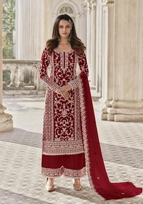 Red Stone Work Embroidered Net Kurta Set