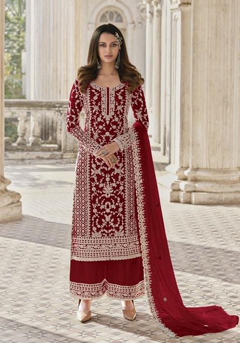 Red Stone Work Embroidered Net Kurta Set