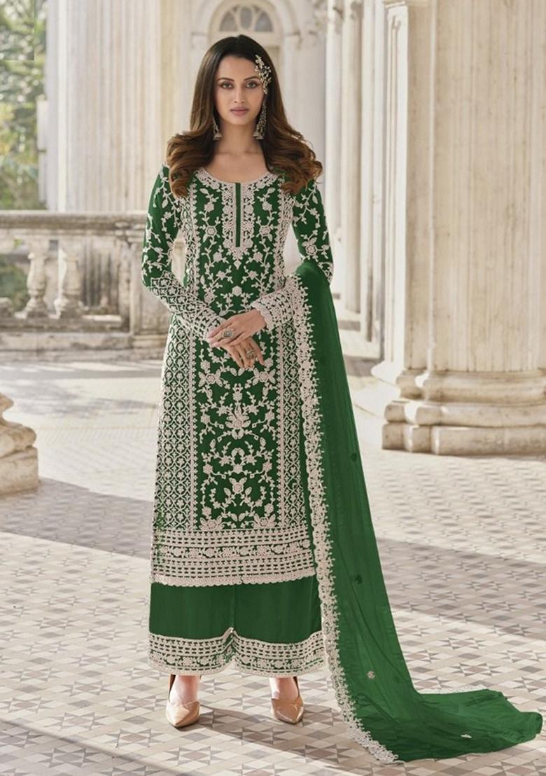 Green Stone Work Embroidered Net Kurta Set - Indya