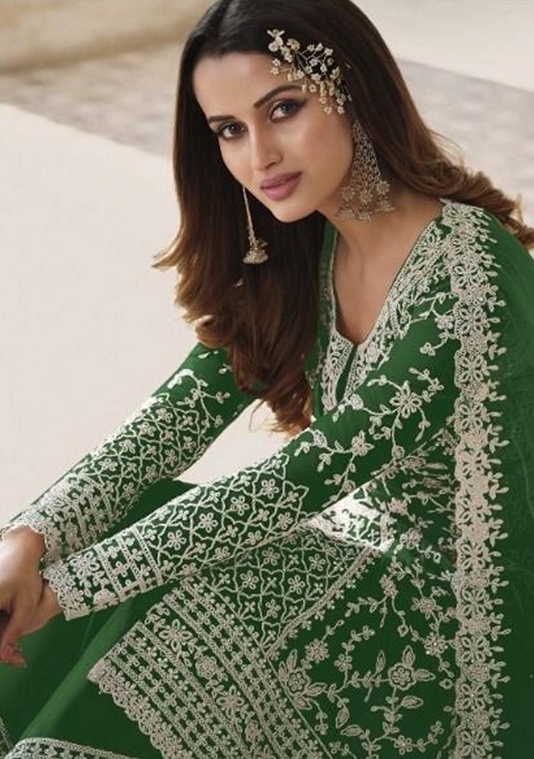 Green Stone Work Embroidered Net Kurta Set - Indya