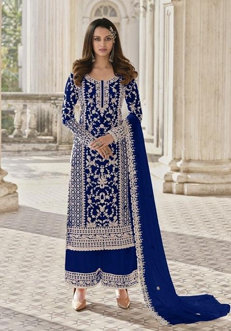 Blue Stone Work Embroidered Net Kurta Set