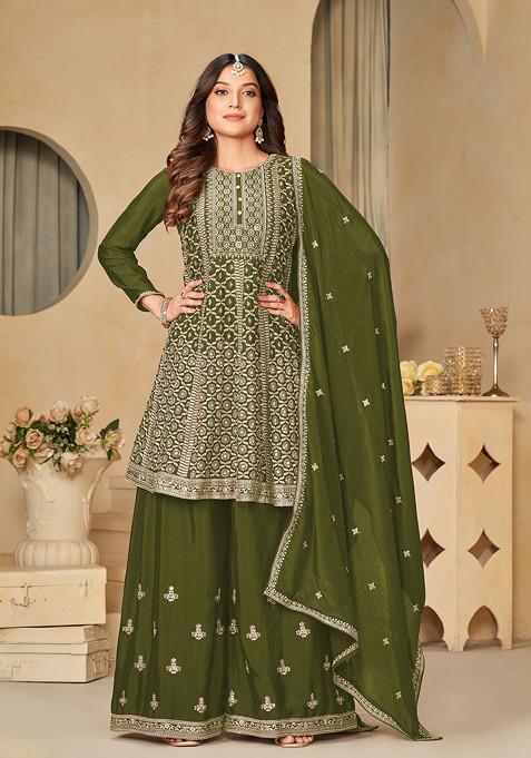 Green Embroidered Viscose Sharara Set