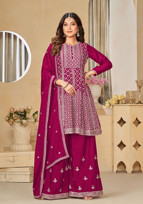 Pink Embroidered Viscose Sharara Set