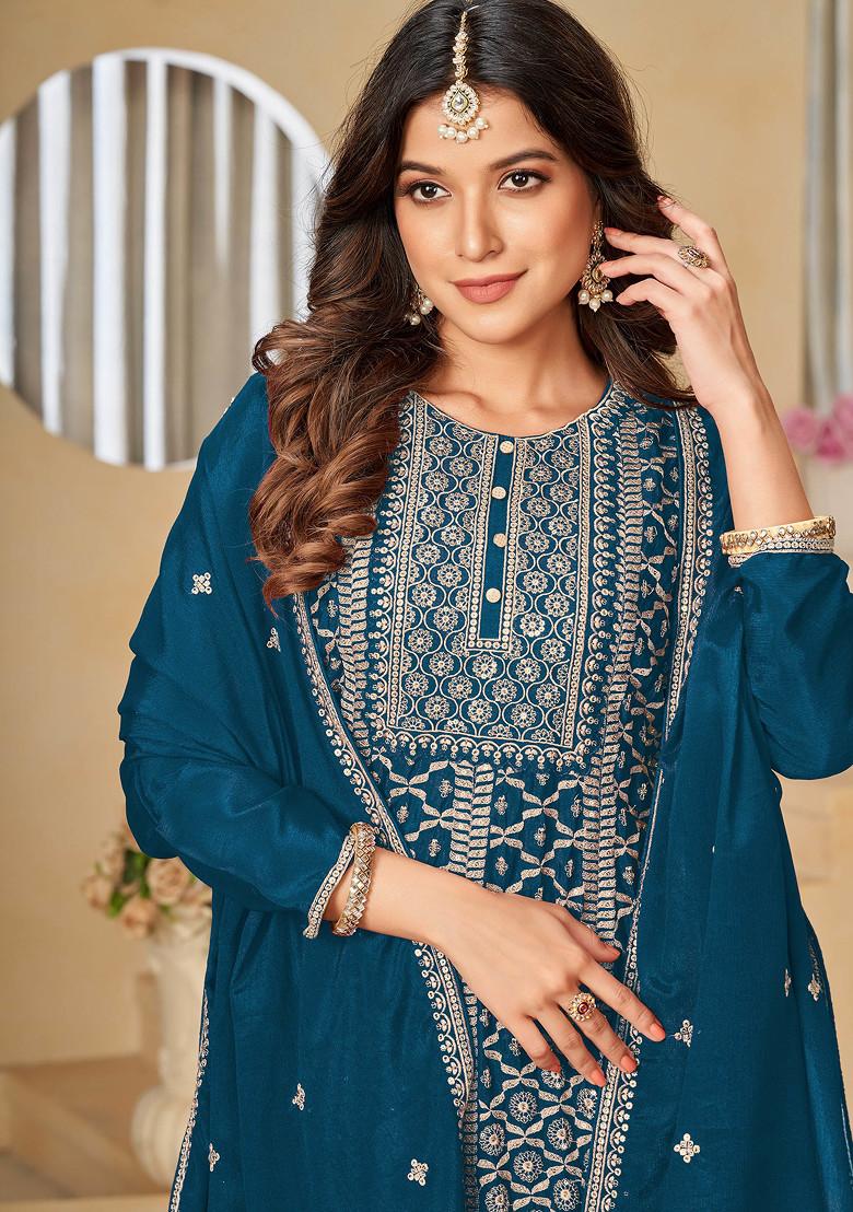 Teal Blue Embroidered Viscose Sharara Set