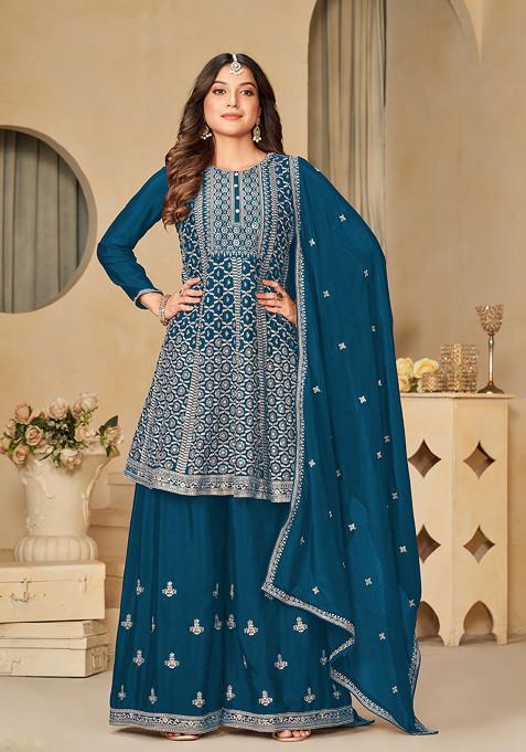 Teal Blue Embroidered Viscose Sharara Set