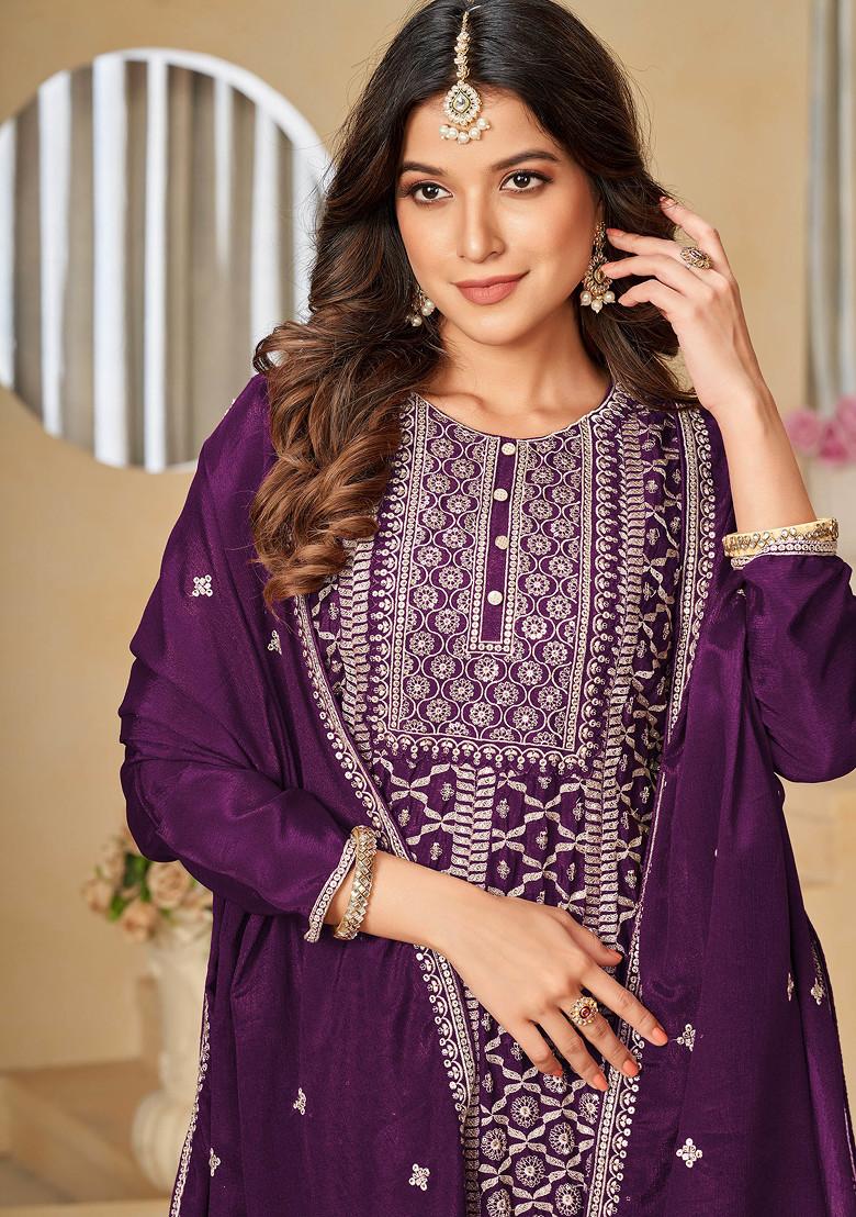 Wine Embroidered Viscose Sharara Set