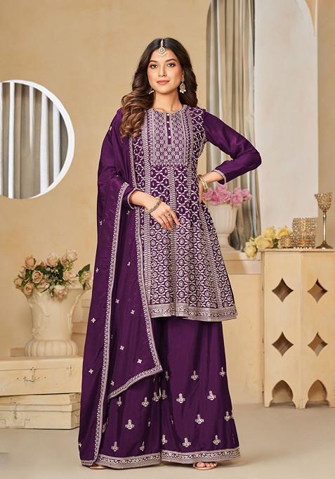 Wine Embroidered Viscose Sharara Set