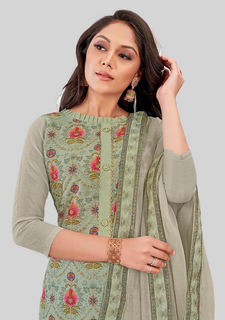 Grey Embroidered Chanderi Kurta Set