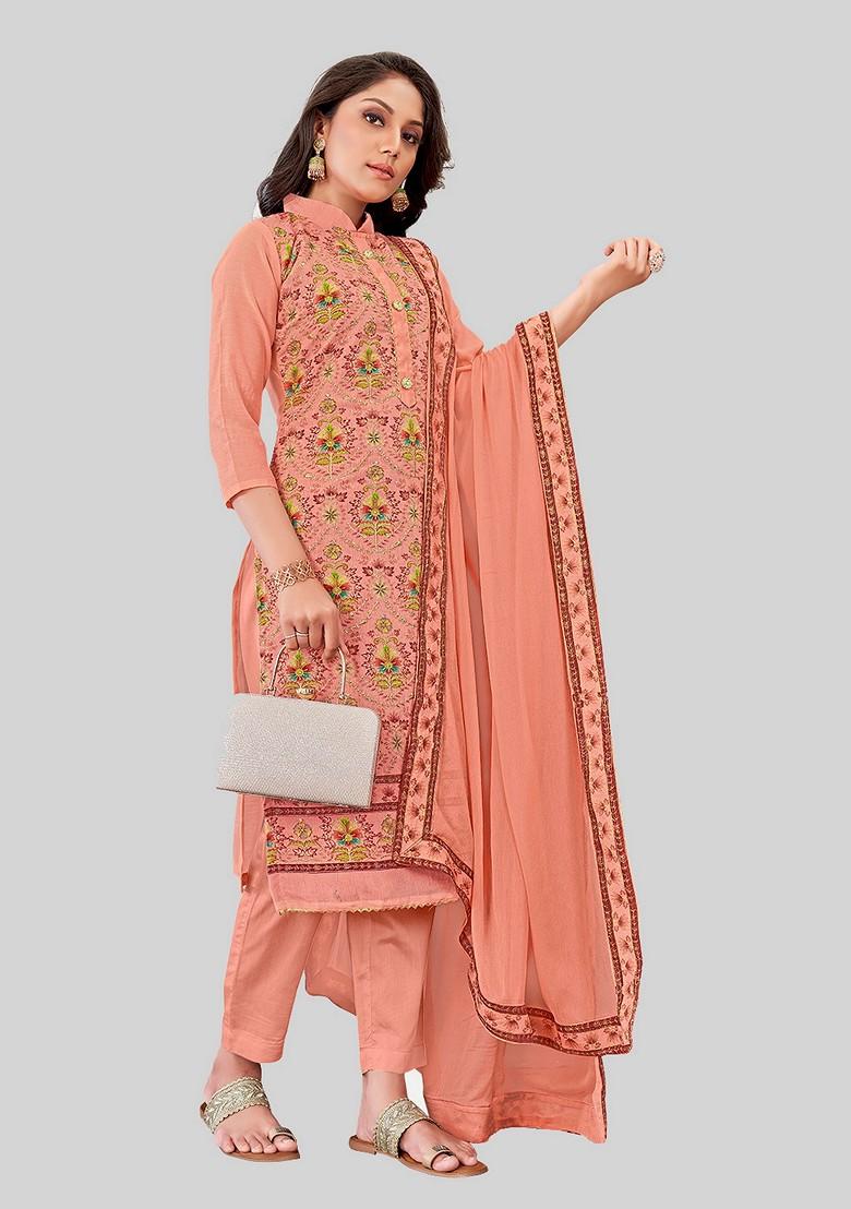Dark Pink Embroidered Chanderi Kurta Set - Indya