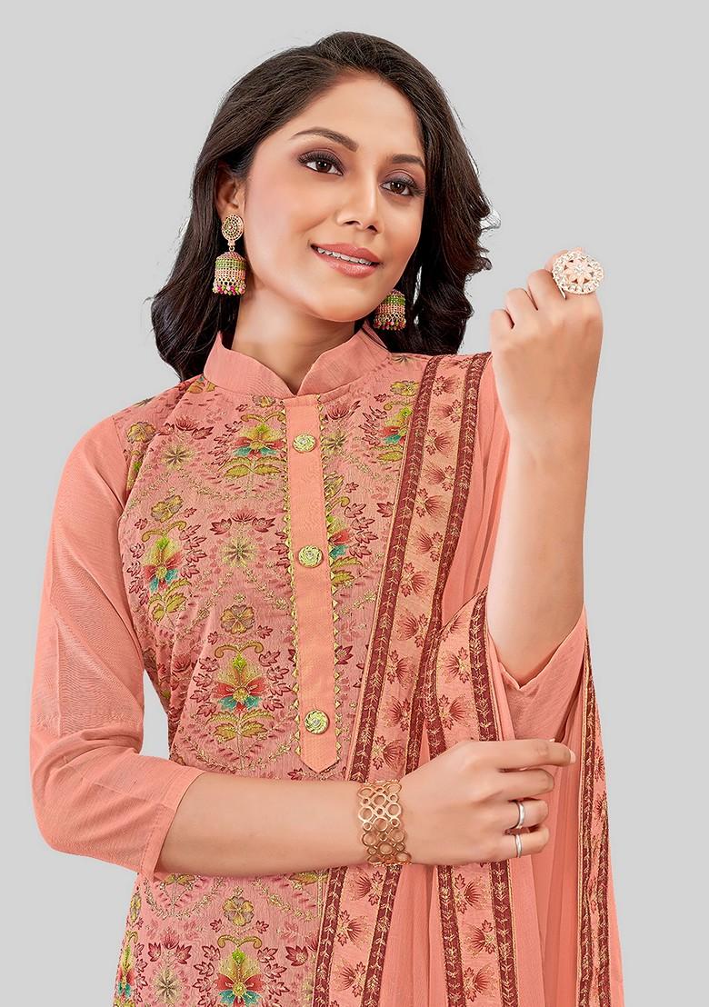 Dark Pink Embroidered Chanderi Kurta Set - Indya