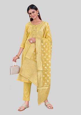 Yellow Embroidered Chanderi Kurta Set