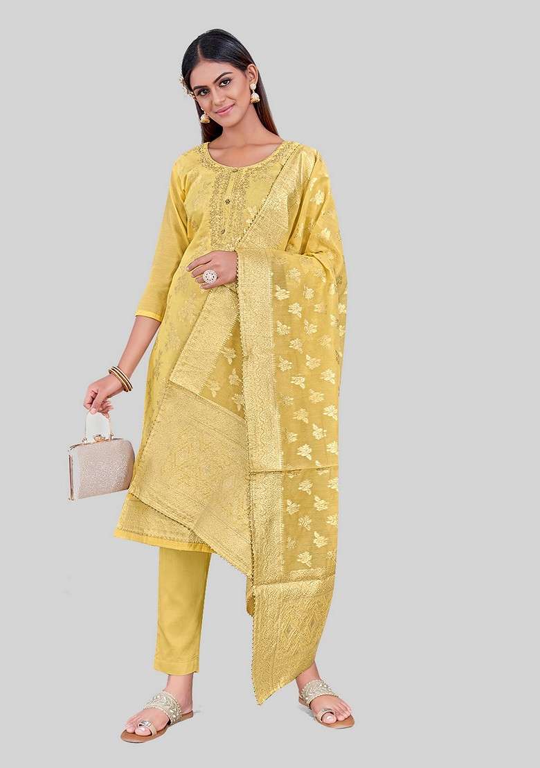 Yellow Embroidered Chanderi Kurta Set - Indya