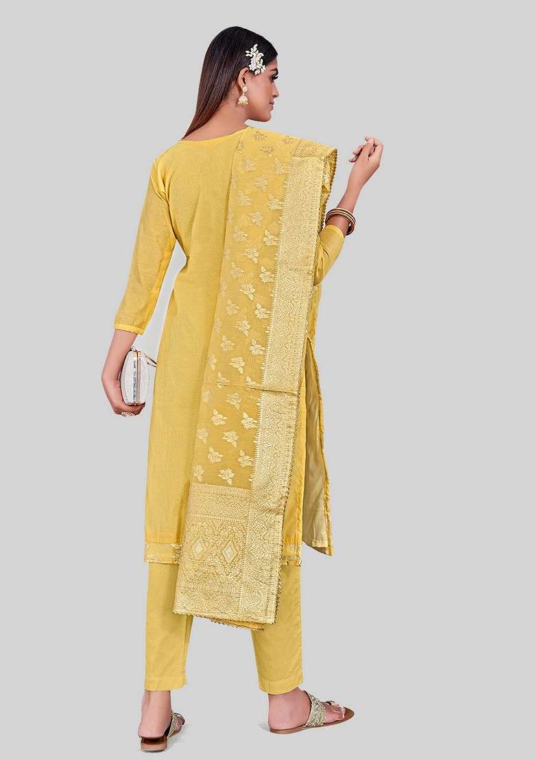 Yellow Embroidered Chanderi Kurta Set - Indya