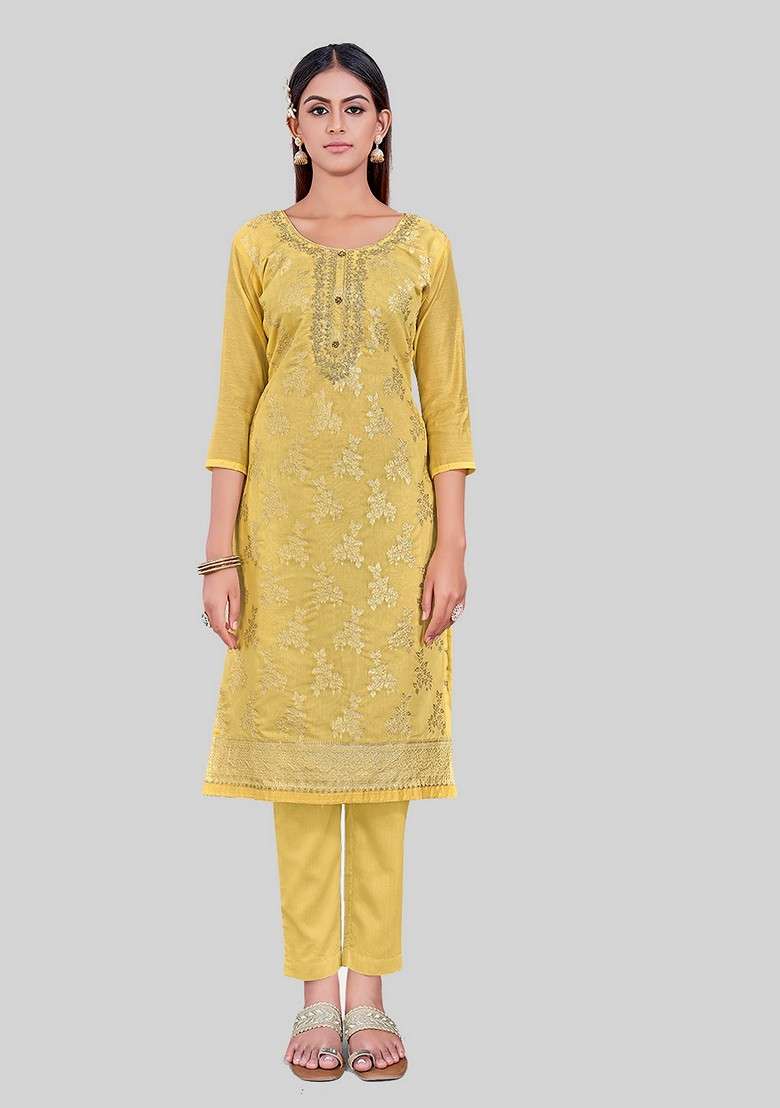 Yellow Embroidered Chanderi Kurta Set - Indya