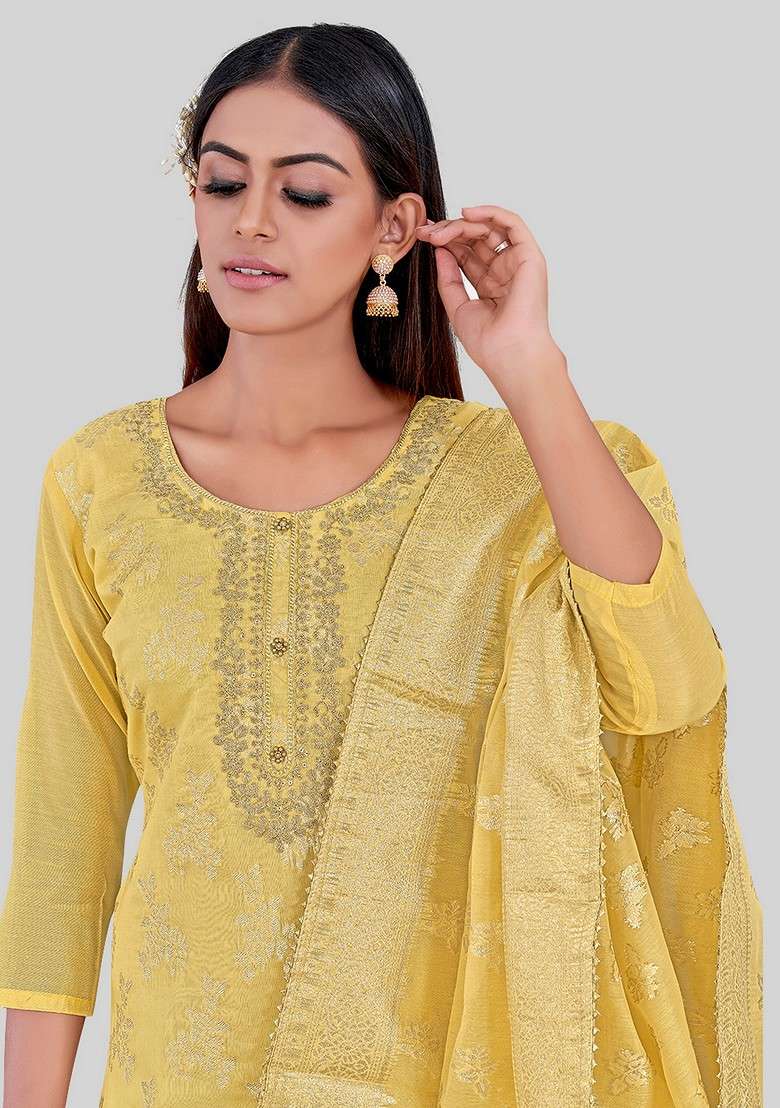 Yellow Embroidered Chanderi Kurta Set - Indya