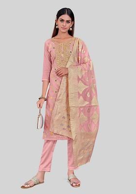Peach Embroidered Chanderi Kurta Set