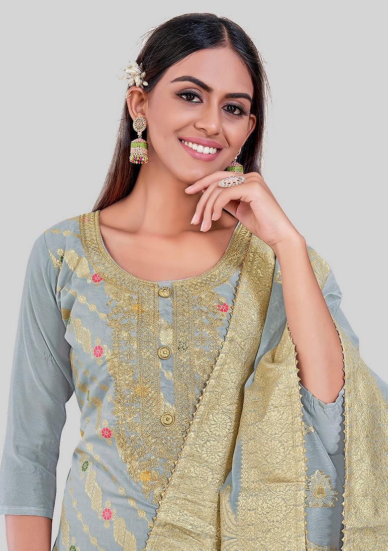 Grey Embroidered Chanderi Kurta Set - Indya