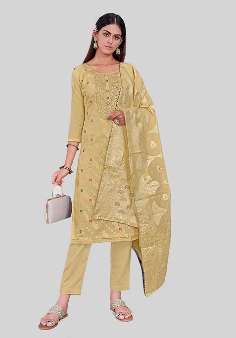 Brown Embroidered Chanderi Kurta Set