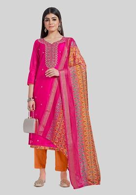 Pink Embroidered Chanderi Kurta Set