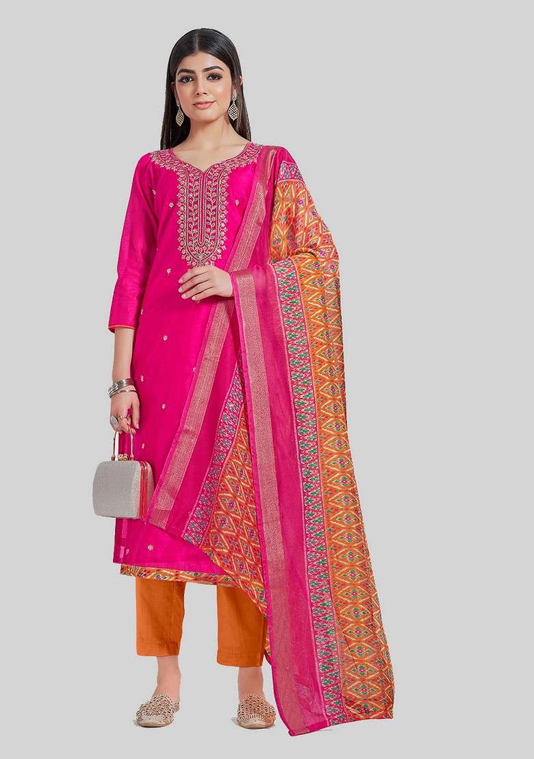 Pink Embroidered Chanderi Kurta Set - Indya