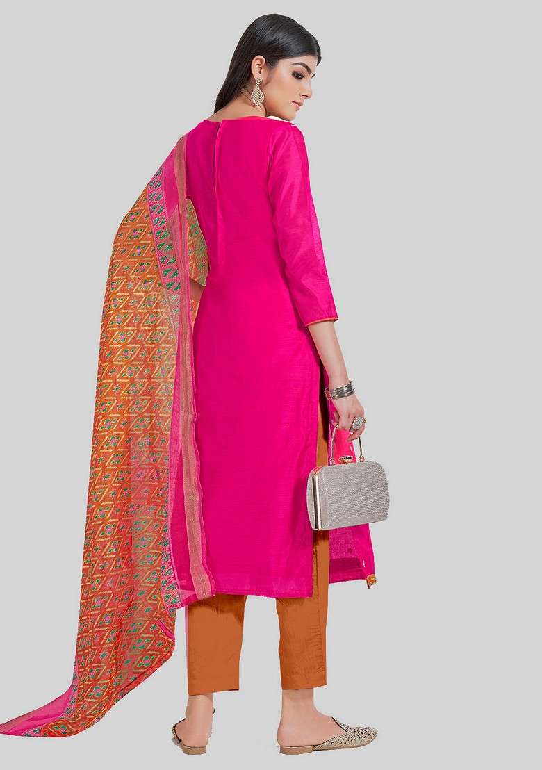 Pink Embroidered Chanderi Kurta Set - Indya