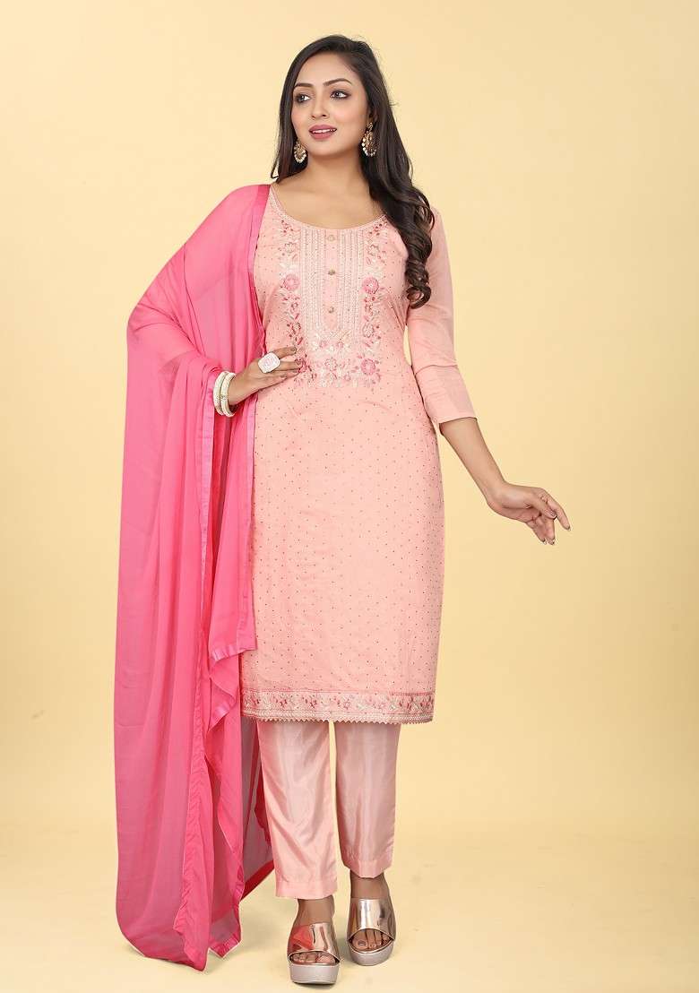 Pink Embroidered Chanderi Kurta Set - Indya