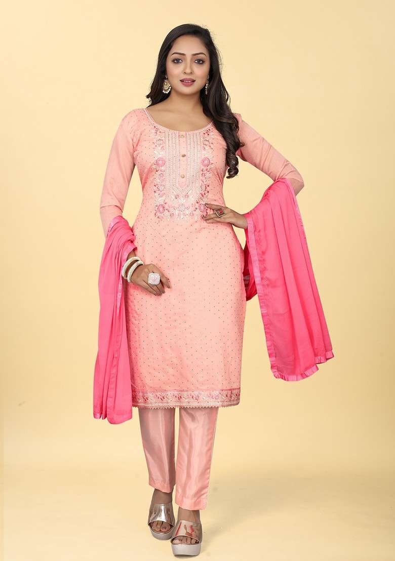 Pink Embroidered Chanderi Kurta Set - Indya