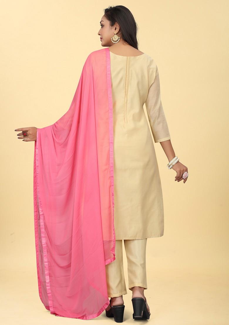 Brown Embroidered Chanderi Kurta Set - Indya