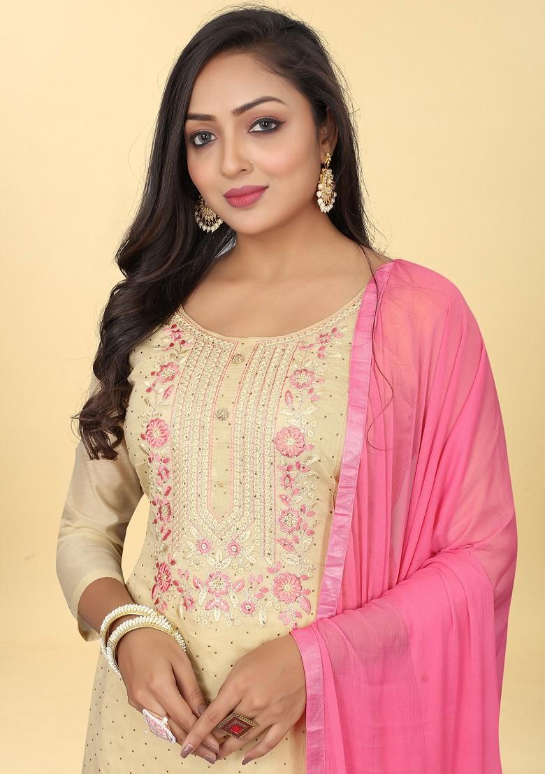 Brown Embroidered Chanderi Kurta Set - Indya