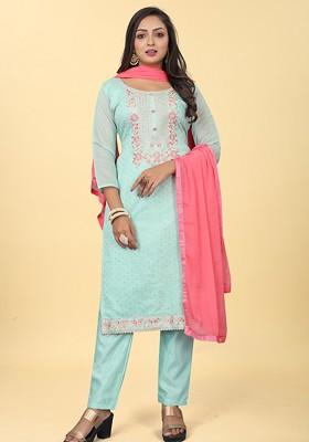 Blue Embroidered Chanderi Kurta Set
