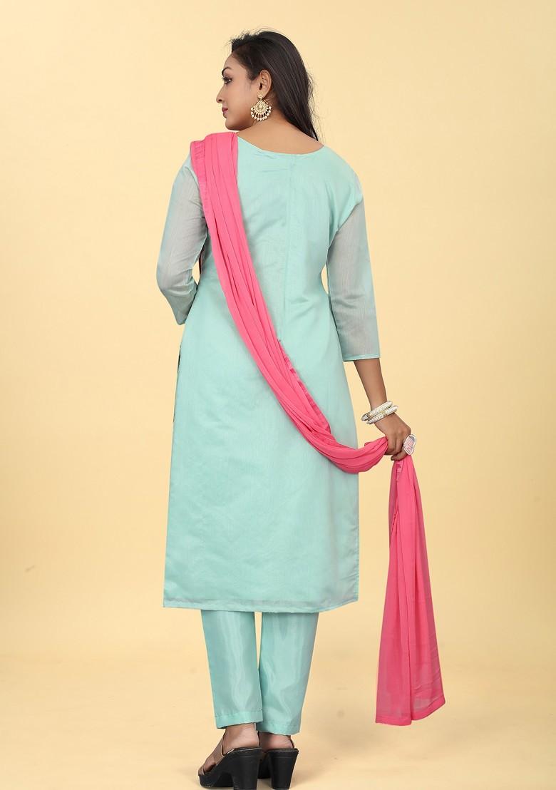Blue Embroidered Chanderi Kurta Set - Indya