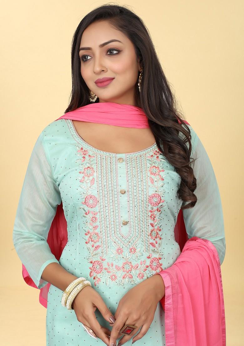 Blue Embroidered Chanderi Kurta Set - Indya