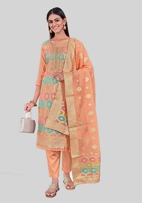 Peach Woven Chanderi Kurta Set