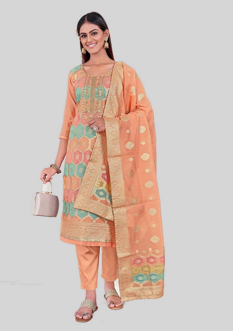 Peach Woven Chanderi Kurta Set