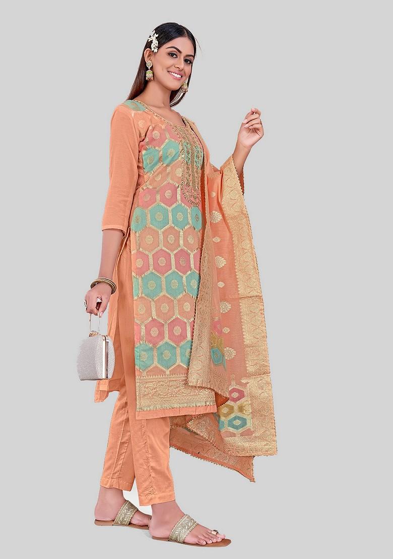 Peach Woven Chanderi Kurta Set