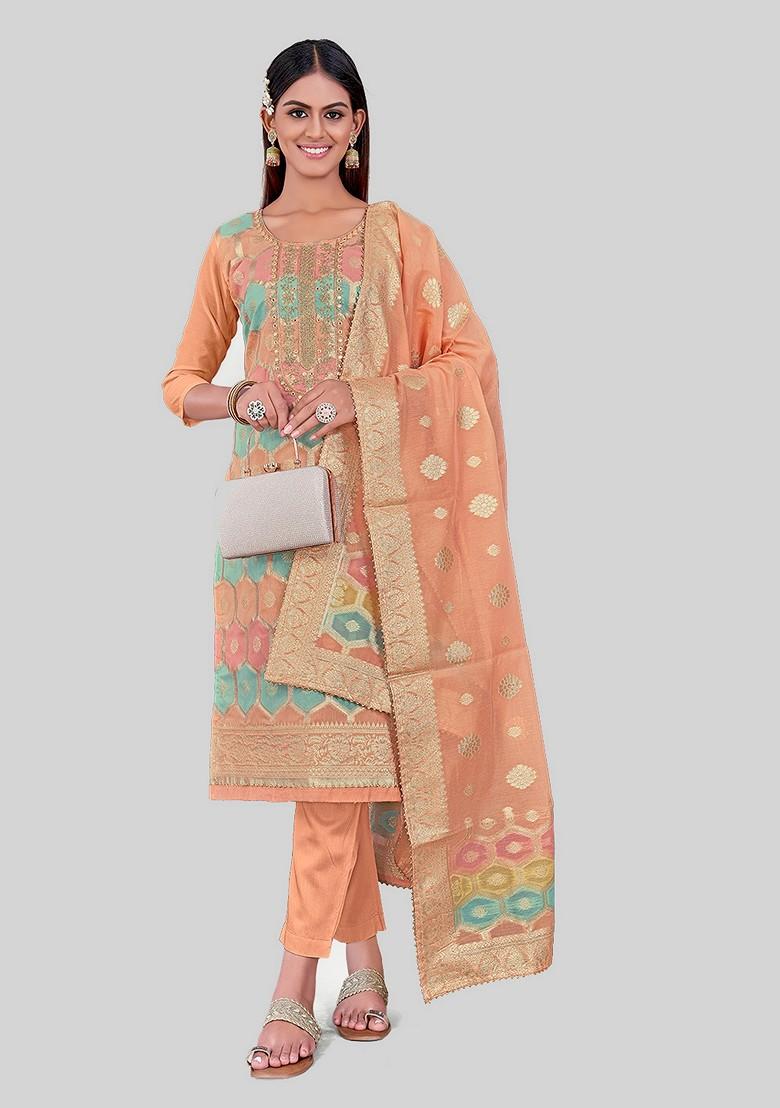 Peach Woven Chanderi Kurta Set