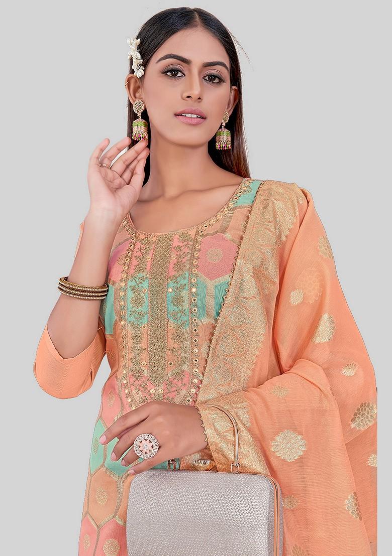 Peach Woven Chanderi Kurta Set