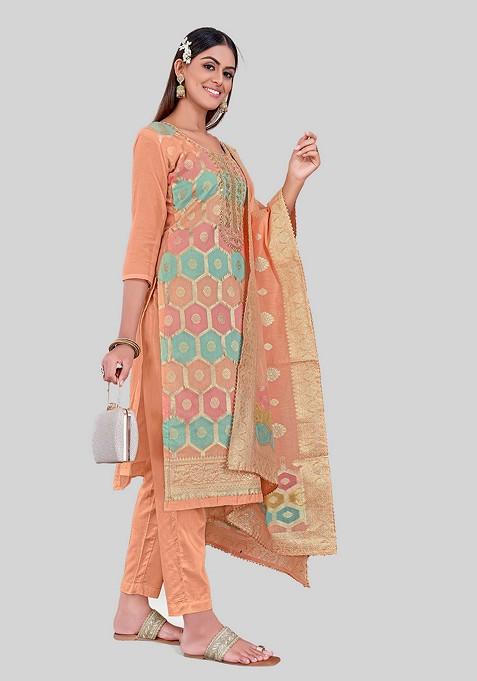 Peach Woven Chanderi Kurta Set