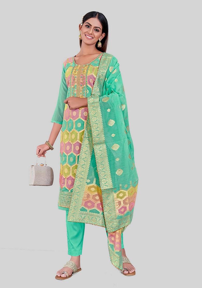 Sea Green Woven Chanderi Kurta Set
