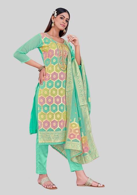 Sea Green Woven Chanderi Kurta Set