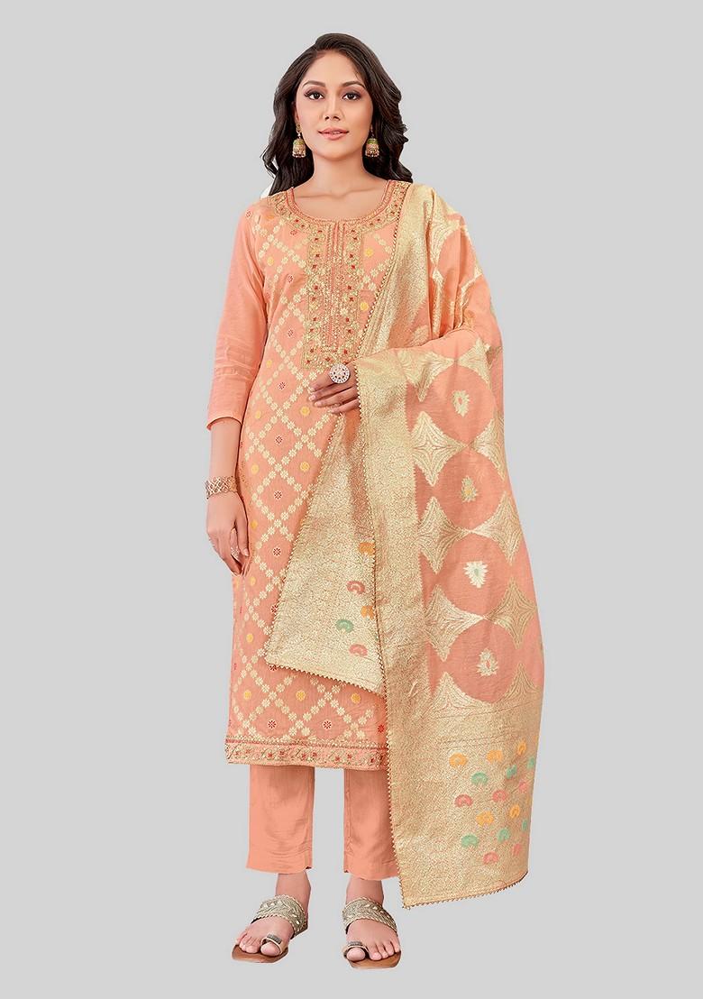 Peach Woven Chanderi Kurta Set