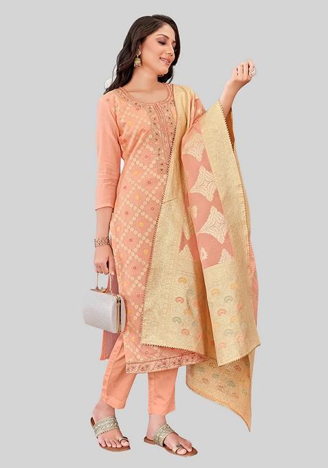Peach Woven Chanderi Kurta Set