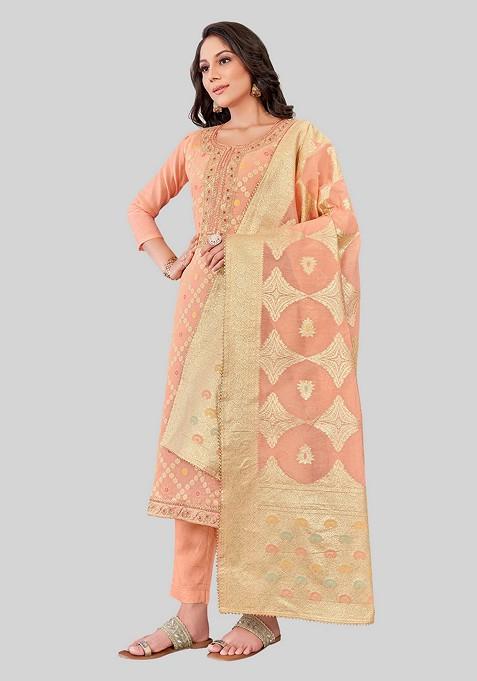Peach Woven Chanderi Kurta Set