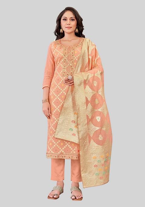 Peach Woven Chanderi Kurta Set