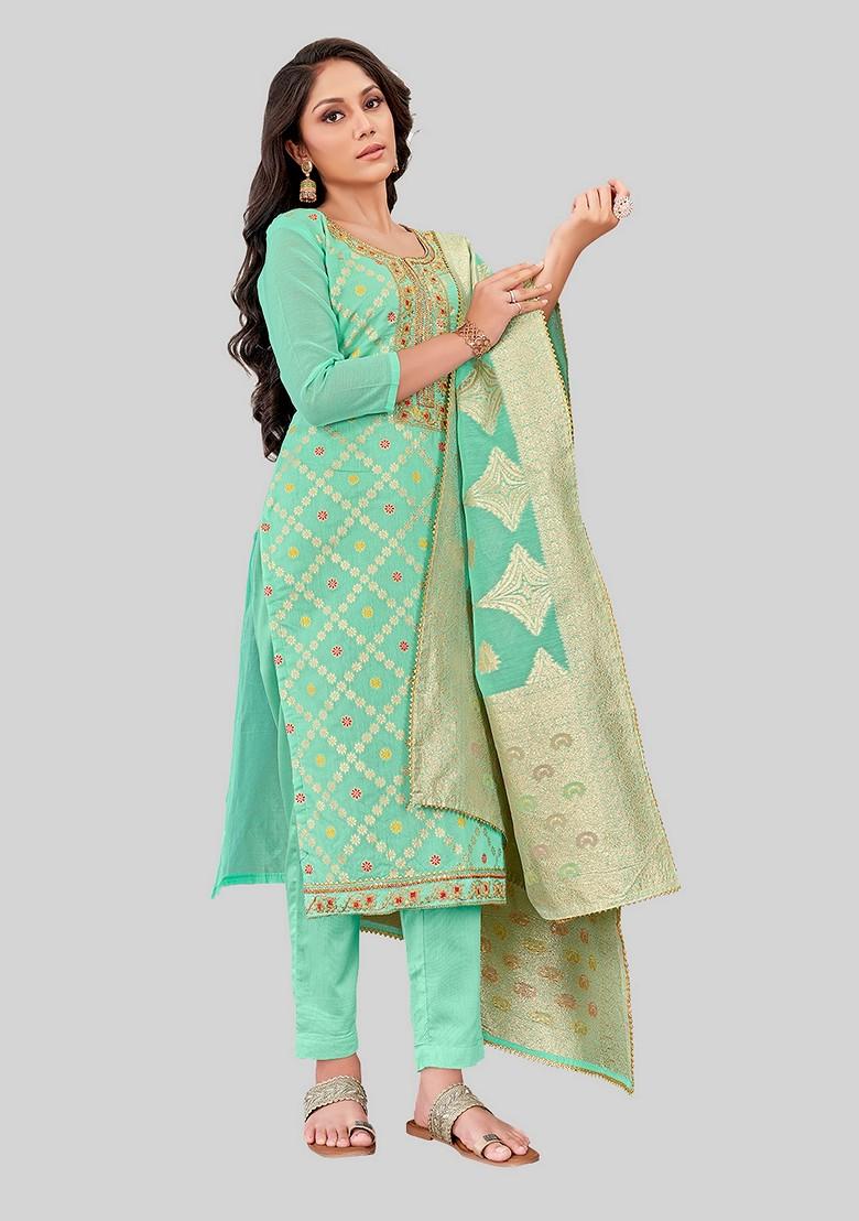 Sea Green Woven Chanderi Kurta Set